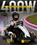 Child driving Kids 24V Electric Go Kart With Dual Motors 400W Power 9Ah Battery 6.5 MPH Safe Speed Two Stage Adjustable Frame