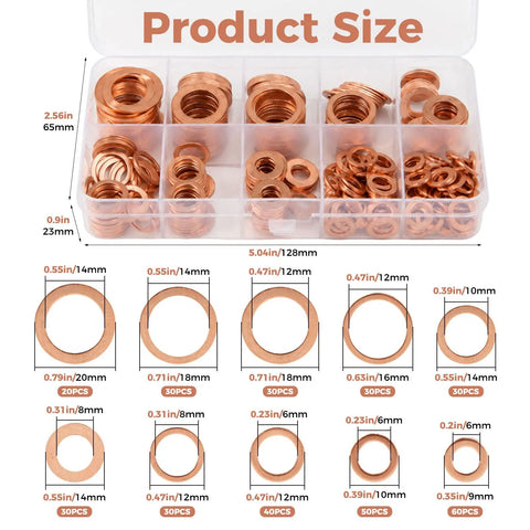 350 Pcs Copper Metric Sealing Crush Washers Set With 10 Sizes For Automotive Marine Motorcycle And DIYer Projects Durable Red Copper Gasket Seals For Oil Drain Plugs Banjo Bolts And General Sealing, assorted sizes in case