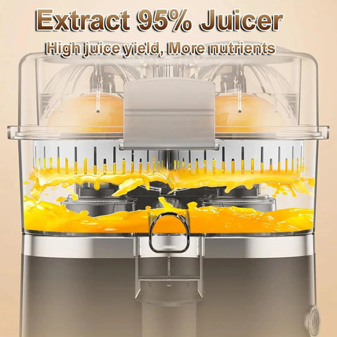 500Ml Electric Citrus Juicer Machine With High Speed 18000 Rpm Motor For Fresh Orange Lemon Grapefruit Juice Extractor Auto Squeeze Pressing with fresh juice pouring out.