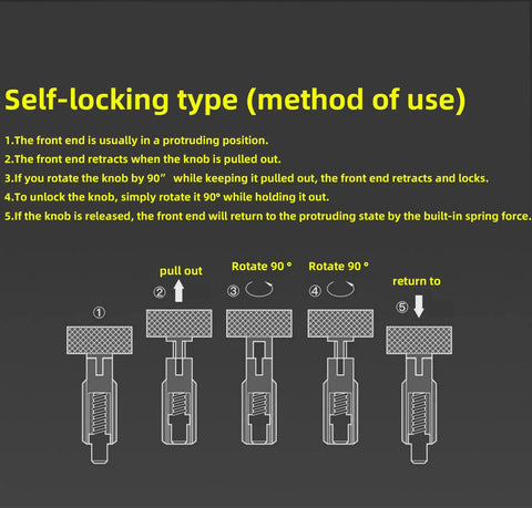 Self-locking setup instructions for Heavy Duty M16 Stainless Steel Spring Plungers With Hex Nuts And Knurled Handles.