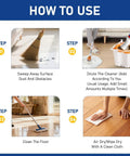 How-to guide showing steps to use Two Pack Floor Restore Spray for cleaning wood, tile, laminate, vinyl, and bamboo floors.