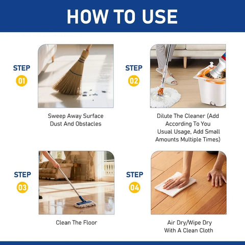 How-to guide showing steps to use Two Pack Floor Restore Spray for cleaning wood, tile, laminate, vinyl, and bamboo floors.