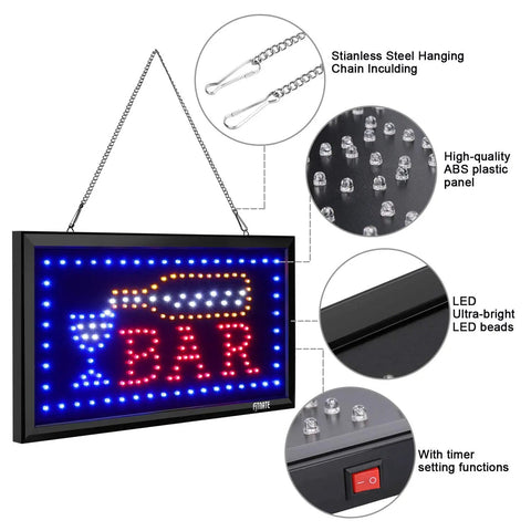 Led Bar Open Sign With Remote, Ultra Bright Neon Display Board For Bars, Restaurants, Shops, Hotels, Two Lighting Modes Flashing And Steady, Timing Function, Easy Mount, Window Wall Decor That Grabs Attention