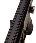 Close-up of Zelos 22 Caliber PCP Pellet Gun Air Rifle With 20 Round Rotary Magazine side rail section, matte black finish.