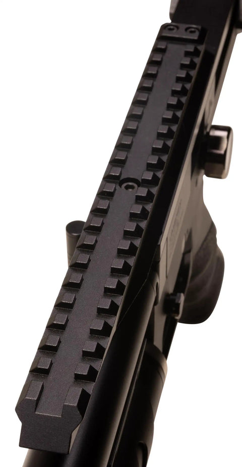 Close-up of Zelos 22 Caliber PCP Pellet Gun Air Rifle With 20 Round Rotary Magazine side rail section, matte black finish.