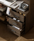 Cool L Shaped Electric Standing Desk In Dark Walnut With Smart Hutch And Built In Storage For Home Office, Moves From Sitting To Standing Fast With Memory Presets For Your Daily Work Grind, showing storage drawers and workspace.