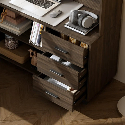 Cool L Shaped Electric Standing Desk In Dark Walnut With Smart Hutch And Built In Storage For Home Office, Moves From Sitting To Standing Fast With Memory Presets For Your Daily Work Grind, showing storage drawers and workspace.