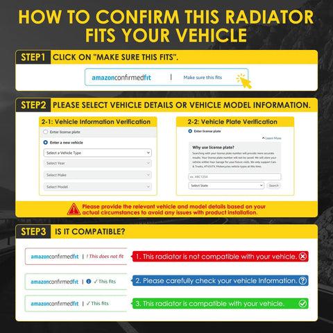 Instructions for confirming fit of No Sweat Radiator Cooling Fan For Mercedes-Benz C230 C250 C300 C350 C63 AMG.
