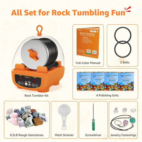 Beginner Rock Tumbler Kit With 4-Stage Silicon Carbide Grit, Leak-Proof Polisher, tools, 0.5lb gemstones, belts, and manual