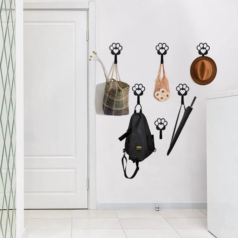 6 Pack Dog Paw Shaped Wall Hooks For Leashes And Gear Metal Wall Mounted Hanger in entryway holding bags, hat, and umbrella