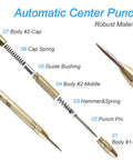 2 Pack Automatic Center Punch 5 Inch Spring Loaded Center Punch Tool with labeled parts showcasing assembly components