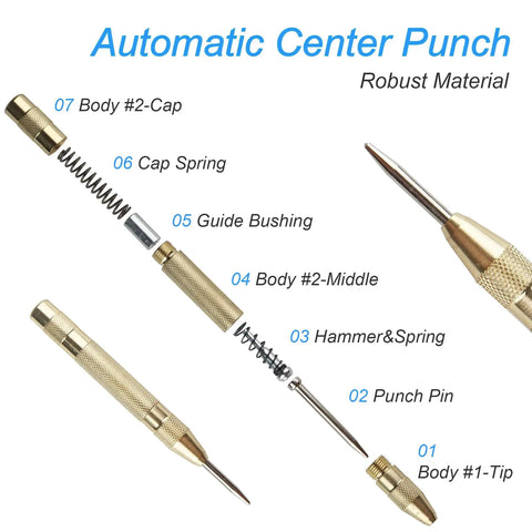 2 Pack Automatic Center Punch 5 Inch Spring Loaded Center Punch Tool with labeled parts showcasing assembly components