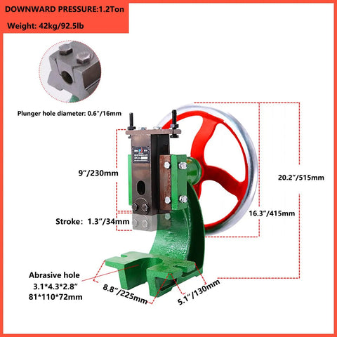 Heavy Duty Manual Benchtop Arbor Press With Giant Handwheel, 1.2 Ton capacity, green and red iron frame with dimensions and features shown.