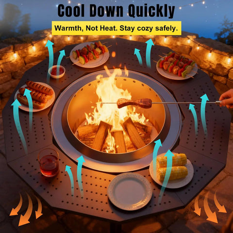 41 Inch Fire Pit Surround Tabletop Universal Fit For 21 Inch Pits with food on grill and protective barrier in backyard