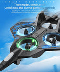 Close-up of black and blue 2.4G RC plane with barometric altitude hold, showcasing fan blades and aerodynamic design.