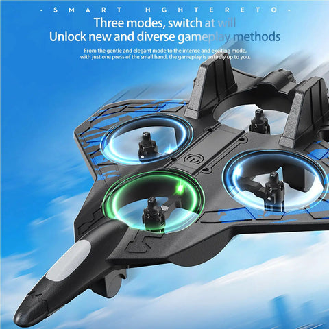 Close-up of black and blue 2.4G RC plane with barometric altitude hold, showcasing fan blades and aerodynamic design.