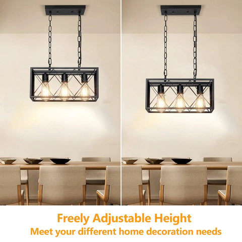Industrial Kitchen Island Pendant Lighting Rectangular Vintage Rustic Modern Farmhouse Three Light Hanging Fixture in dining area