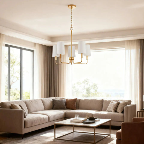 Muted Gold Chandelier With White Fabric Shades For Modern Farmhouse Linear Island Lighting In Kitchen And Dining Room, 5-Light Fixture