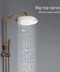 Top Tier Thermostatic Shower System With Brushed Rose Gold Rainfall And Handheld Spray, showcasing large silicone head with water flow.