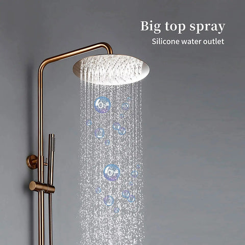 Top Tier Thermostatic Shower System With Brushed Rose Gold Rainfall And Handheld Spray, showcasing large silicone head with water flow.
