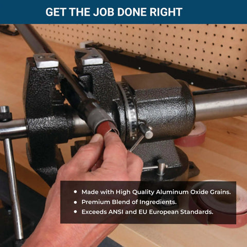 Hand holding 1X150FT Emery Cloth Sandpaper Roll Aluminum Oxide 180 Grit for wood and metal jobs, mounted on a metal lathe.