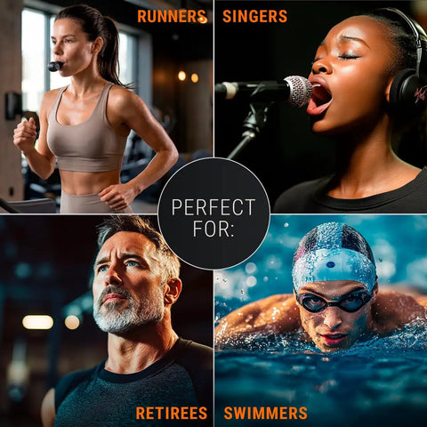 Collage showing runners, singers, retirees, and swimmers using Dual Resistance Breathing Trainer For Athletes And Fitness Fans Silicone Lung Exerciser With Portable Design VO2 Max Boost Built In Workout Program Improve Lung Capacity And Breath Control On The Go