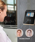 Woman using facial recognition device with display screen showing dual images for identification verification.