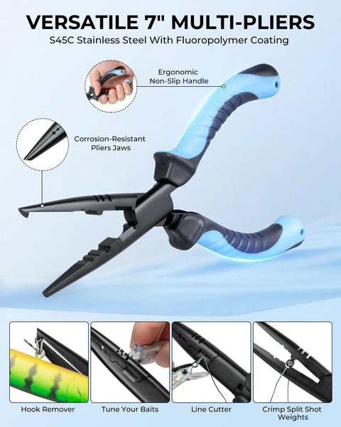 Fishing Sling Tackle Bag Kit With 3500 Tackle Box And Full Gear Set showing 7-inch multi-pliers with non-slip handle and cutter tips.