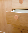 Open drawer with Round Beech Wood Cabinet Handles 4 Pack Circular Drawer Pulls 35mm Single Hole Mount Farmhouse Style.
