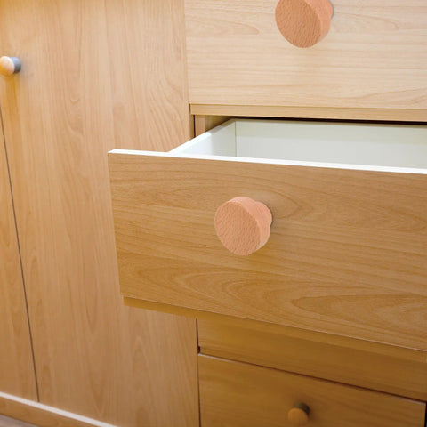 Open drawer with Round Beech Wood Cabinet Handles 4 Pack Circular Drawer Pulls 35mm Single Hole Mount Farmhouse Style.