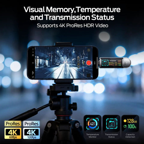 128GB USB Drive With Smart Display Dope Fast USB 3 Point 2 Gen2 Type C SSD Memory Stick For ProRes 4K Video Editing On iPhone 15 16 17 Android Windows Mac Tablet, shown with smart display
