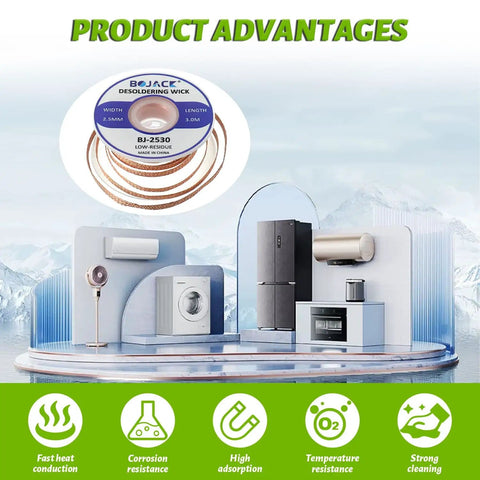 Desoldering Wick Braided Wire 2.5mm x 3.0m Pure Copper Tin No Clean Solder Braid Pack Of 3 shown with product advantages.