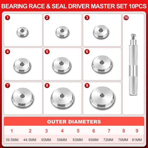 10 Piece Bearing Press Kit With Seal Driver And 9 Adapters for Fast Safe Seal and Bearing Installations in Auto Axles