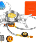3900W Portable Windproof Camping Stove With Piezo Ignition Lightweight Propane Burner and accessories display