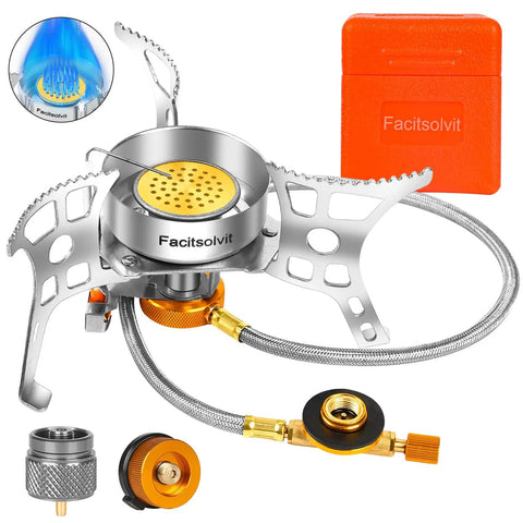 3900W Portable Windproof Camping Stove With Piezo Ignition Lightweight Propane Burner and accessories display