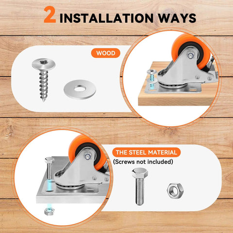Heavy Duty 2 Inch Plate Caster Wheels Set Of 8 With Brakes showing two installation ways: wood and steel, screws included.