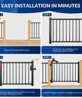 Illustrated steps showing installation of a Beefy Welded Aluminum Deck Gate Kit With Latch And Auto Closing Hinge 36 Inch High And 4 Foot Wide Cuttable AAMA 2604 Outdoor Gate Kit For Deck Patio Garden Yard And Porch.