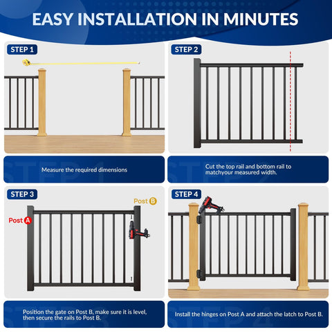 Illustrated steps showing installation of a Beefy Welded Aluminum Deck Gate Kit With Latch And Auto Closing Hinge 36 Inch High And 4 Foot Wide Cuttable AAMA 2604 Outdoor Gate Kit For Deck Patio Garden Yard And Porch.