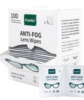 Front view of Purelia Anti-Fog Lens Wipes box with 100 pre-moistened wipes; two wrapped sachets shown.