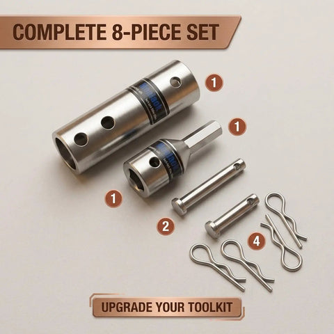 Heavy Duty Two In One Trailer Jack Drill Adapter For One Inch And Half Inch Drive Shafts Straight Up Stainless Steel Crank Handle Replacement No Sweat Accessory For Camper Setup, 8-piece set with drill adapter and accessories.