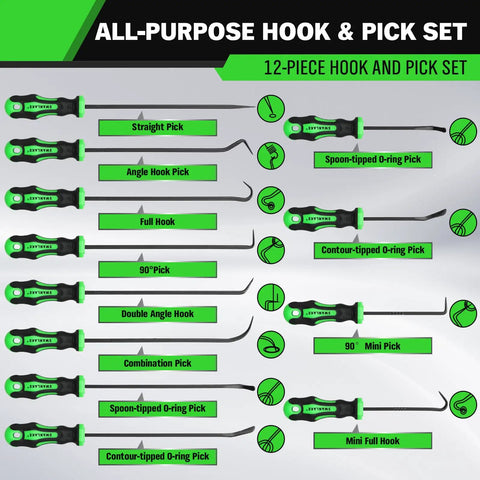 Pro Grade 12 Piece Pick And Hook Tool Set For Auto Mechanics with labels for each tool's shape and use, laid out in a grid.