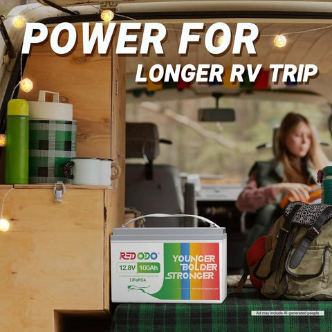 Rugged Road Ready 12V 100Ah LiFePO4 Lithium Battery Group 31 Deep Cycle 1280Wh Pack on RV table with kitchen items.