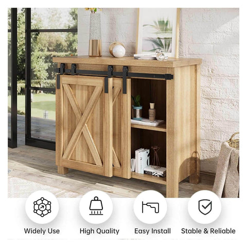 Beefy Heavy Duty Sliding Barn Door Kit For Double Cabinets With Bypass Hardware Matte Black Finish on wooden cabinet