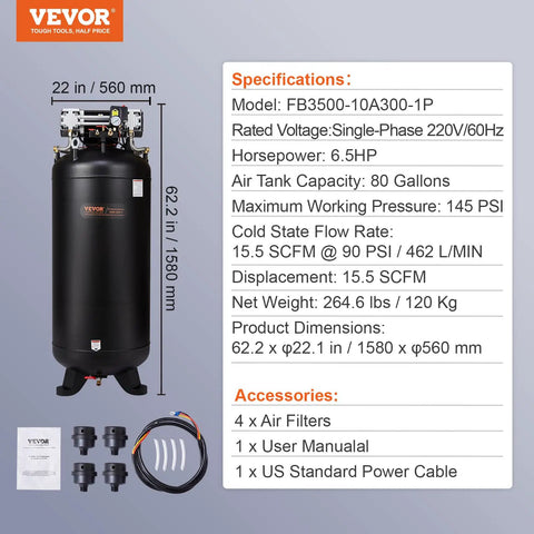Quiet Badass 80 Gallon Air Compressor 6.5 HP Oil Free Tank with specifications, features, and dimensions.