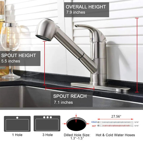 Kitchen Faucet With Pull Out Sprayer, Low Profile Stainless Steel, Single Handle Brushed Nickel, measurements, and installation guide