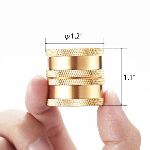 Dual Swivel Garden Hose Adapter Female To Female Connector Brass Heavy Duty 2 Pack No Fuss Corrosion Resistant Hose Fittings For Quick Tool Free Joins And Smooth Flow Watering, brass 1.2-inch adapter shown in hand