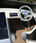 Boat cockpit with steering wheel and control panel featuring Arrows Heavy Duty Momentary DPDT Rocker Switch for up/down control