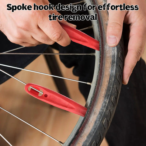 Using the All In One Bike Repair Kit With Waterproof Hard Shell Case Ride Ready Pump Patch Kit And Multi Tool for tire removal.