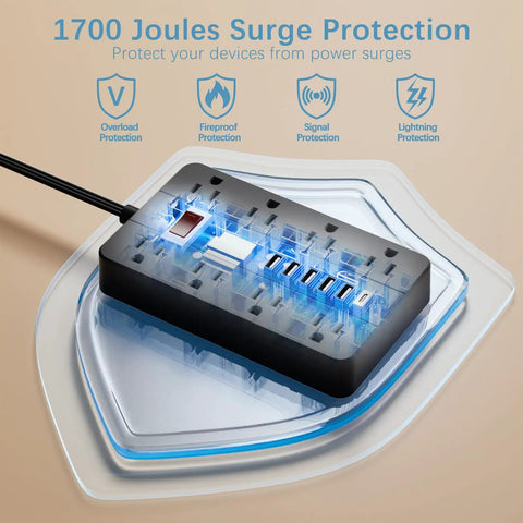 Flat Plug Power Strip With 8 Widely Spaced Outlets 10 Ft Extension Cord And 6 USB Ports Including 1 USB C Port with surge protection