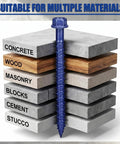 Heavy Duty Blue Hex Head Concrete Screw Anchors PTFE Coated Carbon Steel 1/4 In X 2-3/4 In 200 Pc Bulk Pack shown embedded in multiple materials.